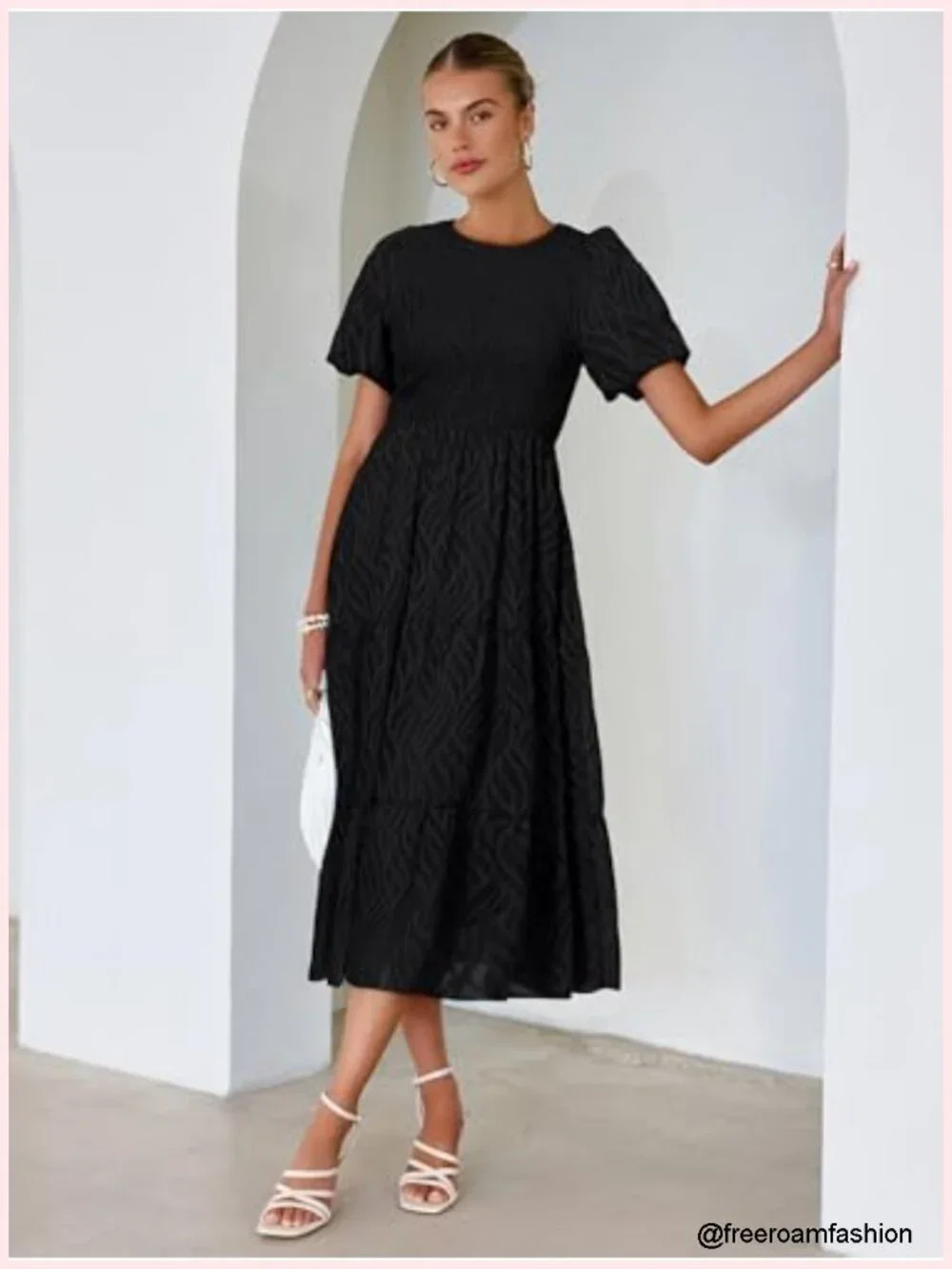 Chiffon Midi Dress Smocked Crewneck A-Line Tiered Short Sleeve